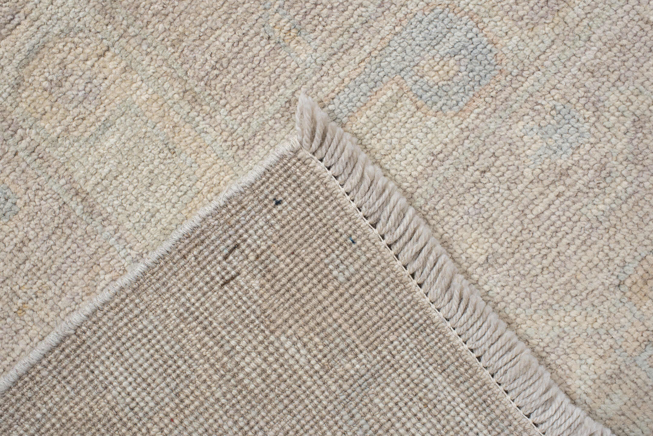 8' x 10' one-of-a-kind handmade vintage Oushak large size rug. Color palette: ivory, cream, pale blue, beige, taupe
