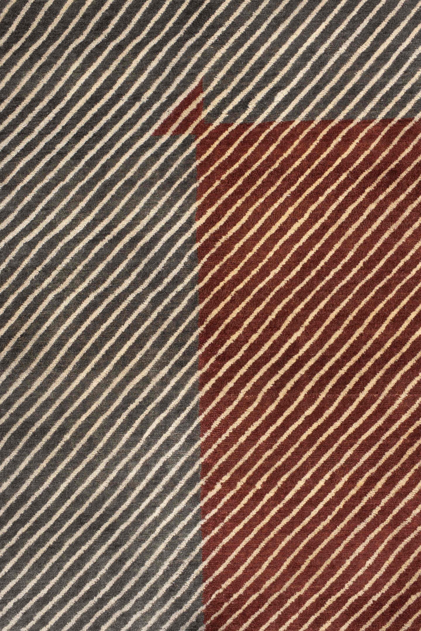 10' x 14' one-of-a-kind handmade vintage Tibetan large size rug. Color palette: taupe, ivory, charcoal, rust, terra cotta
