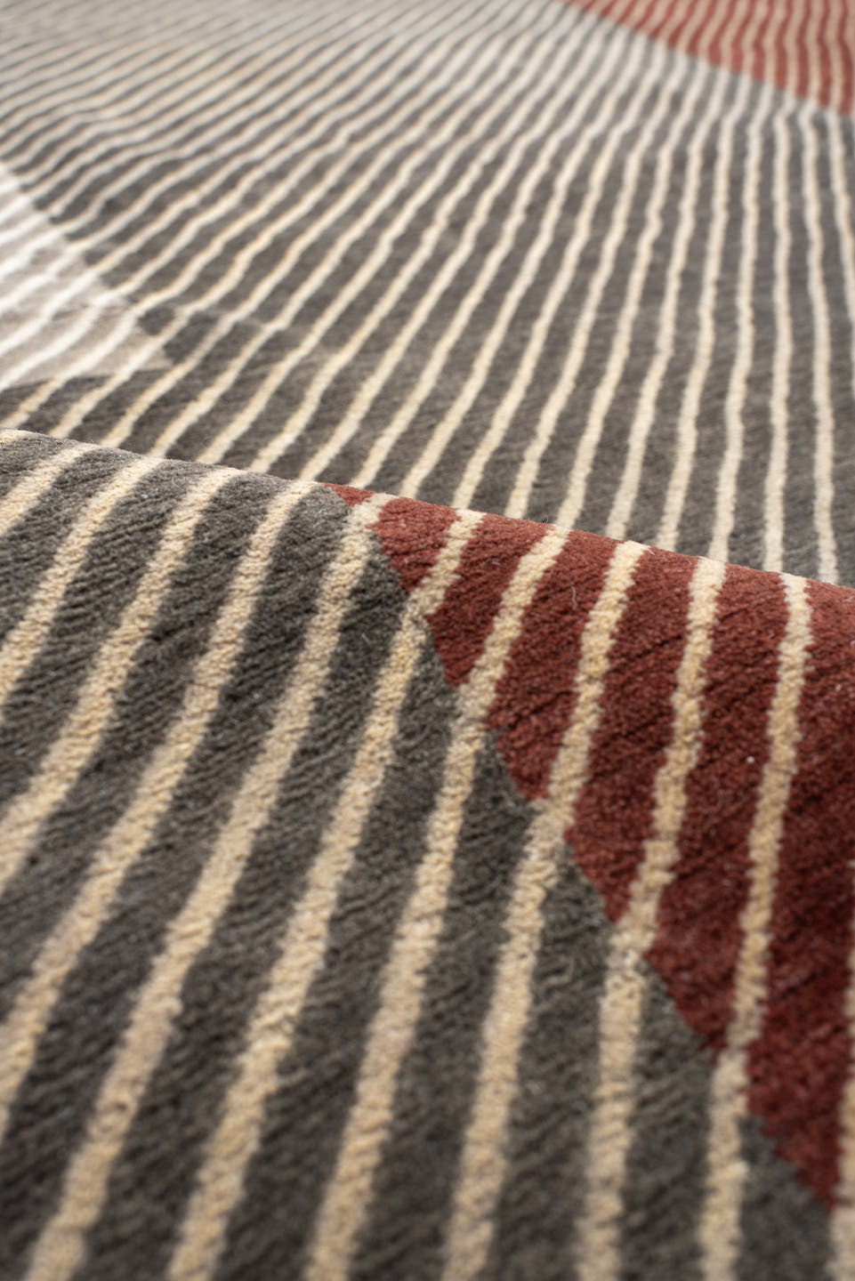 10' x 14' one-of-a-kind handmade vintage Tibetan large size rug. Color palette: taupe, ivory, charcoal, rust, terra cotta