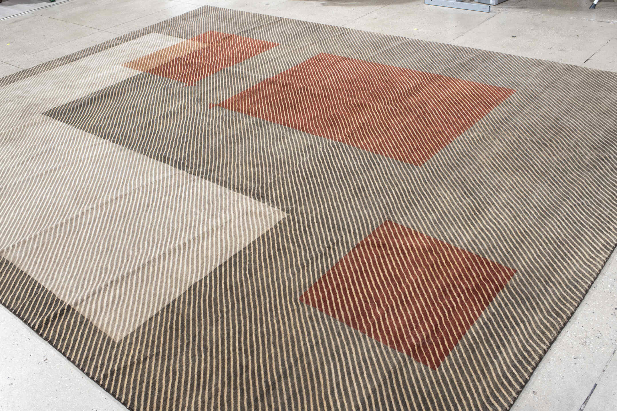 10' x 14' one-of-a-kind handmade vintage Tibetan large size rug. Color palette: taupe, ivory, charcoal, rust, terra cotta