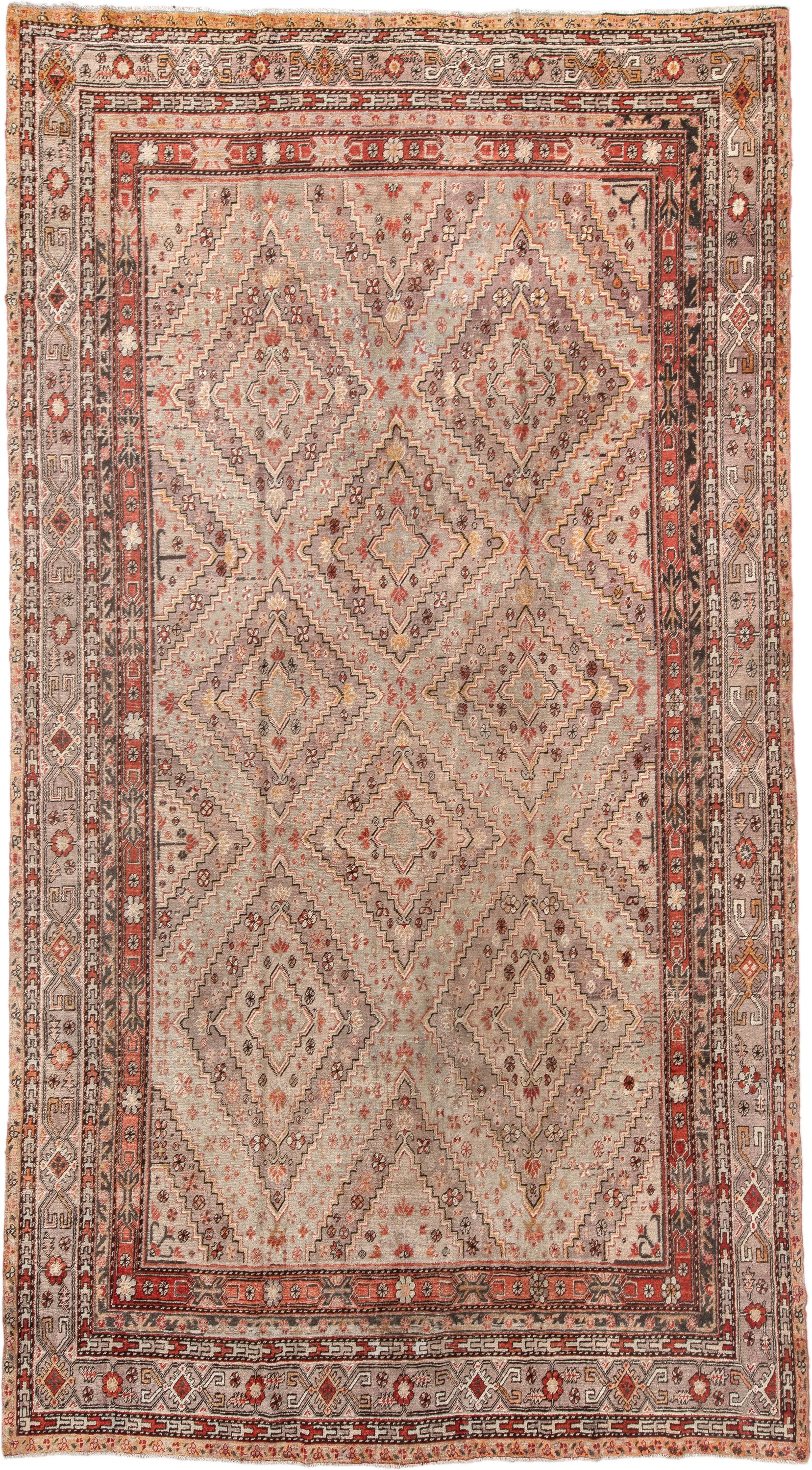 8' x 16' one-of-a-kind handmade vintage rug. Color palette: ivory, taupe, rust, coral, charcoal, camel, sienna, beige, gray