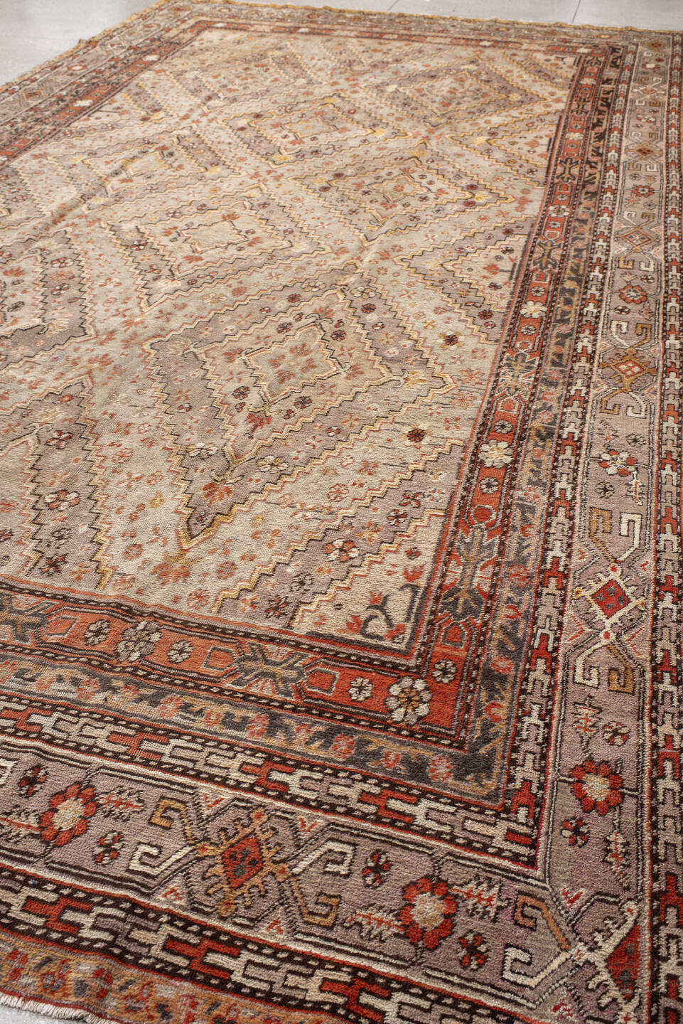 8' x 16' one-of-a-kind handmade vintage rug. Color palette: ivory, taupe, rust, coral, charcoal, camel, sienna, beige, gray