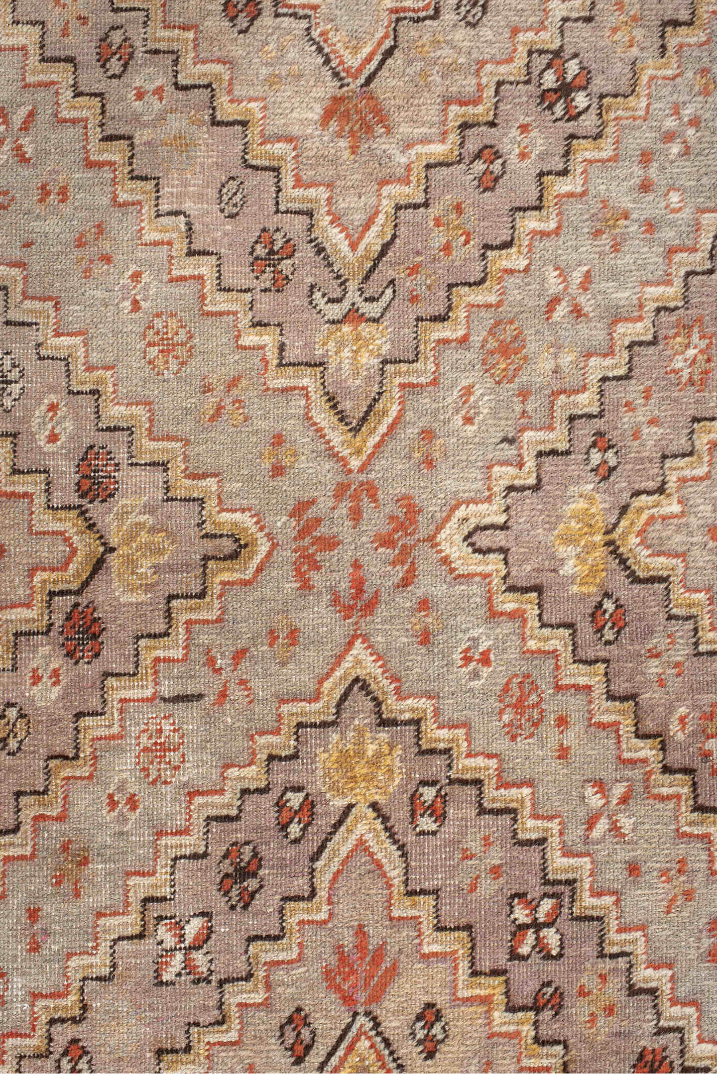 8' x 16' one-of-a-kind handmade vintage rug. Color palette: brown, gray, off-white, orange, pink, red, redwood