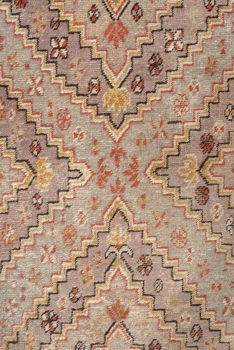 8' x 16' one-of-a-kind handmade vintage rug. Color palette: ivory, taupe, rust, coral, charcoal, camel, sienna, beige, gray