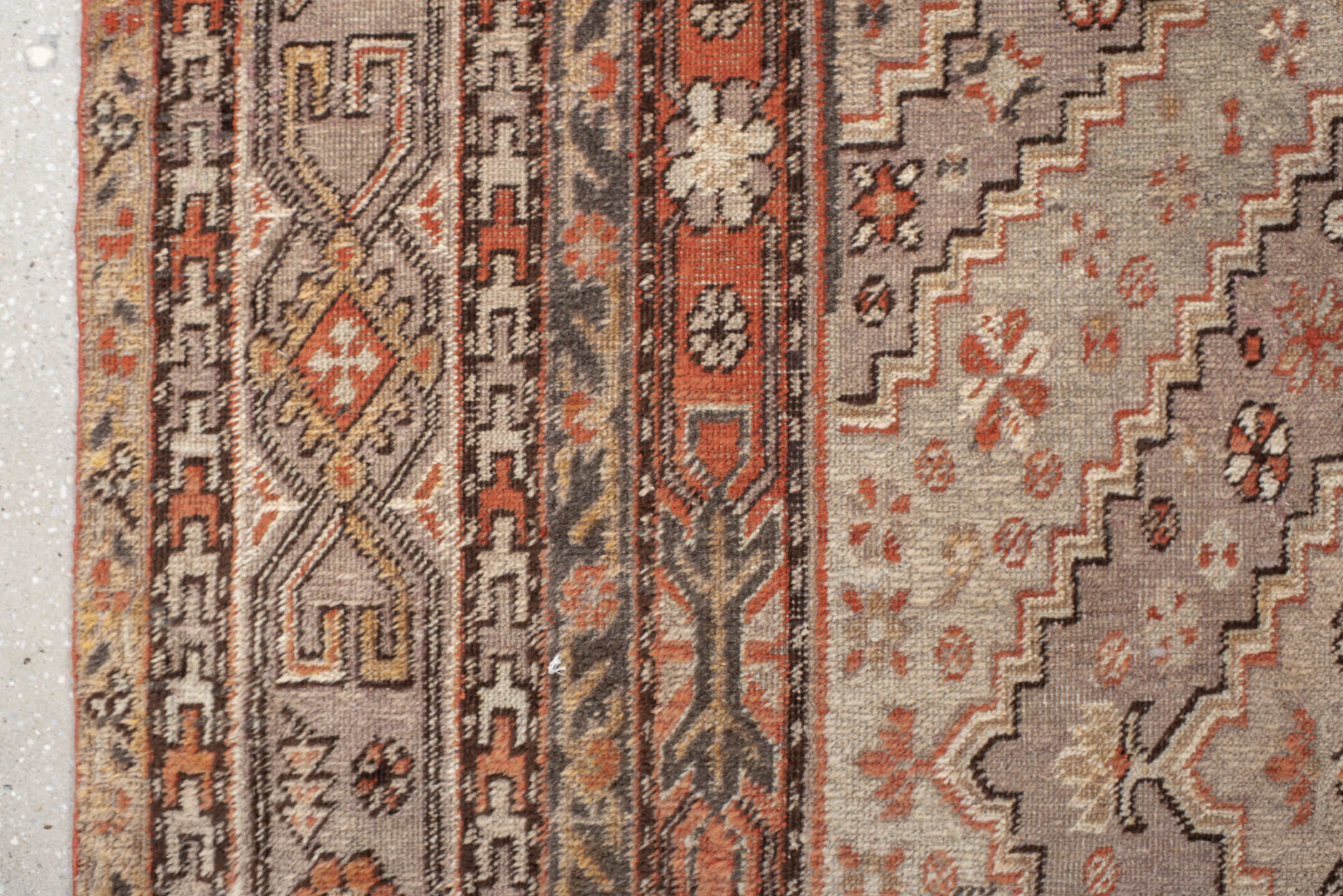 8' x 16' one-of-a-kind handmade vintage rug. Color palette: ivory, taupe, rust, coral, charcoal, camel, sienna, beige, gray