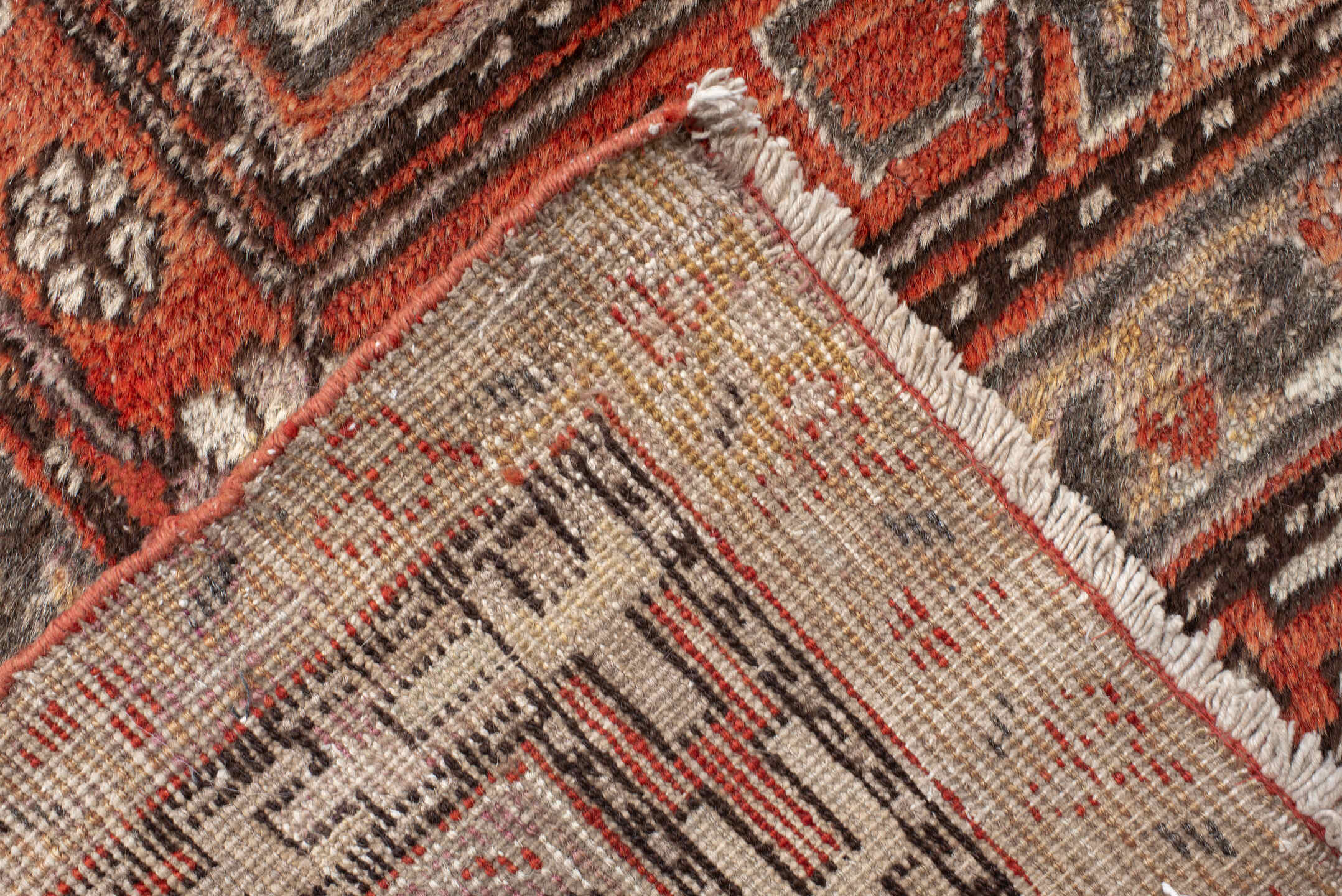8' x 16' one-of-a-kind handmade vintage rug. Color palette: ivory, taupe, rust, coral, charcoal, camel, sienna, beige, gray