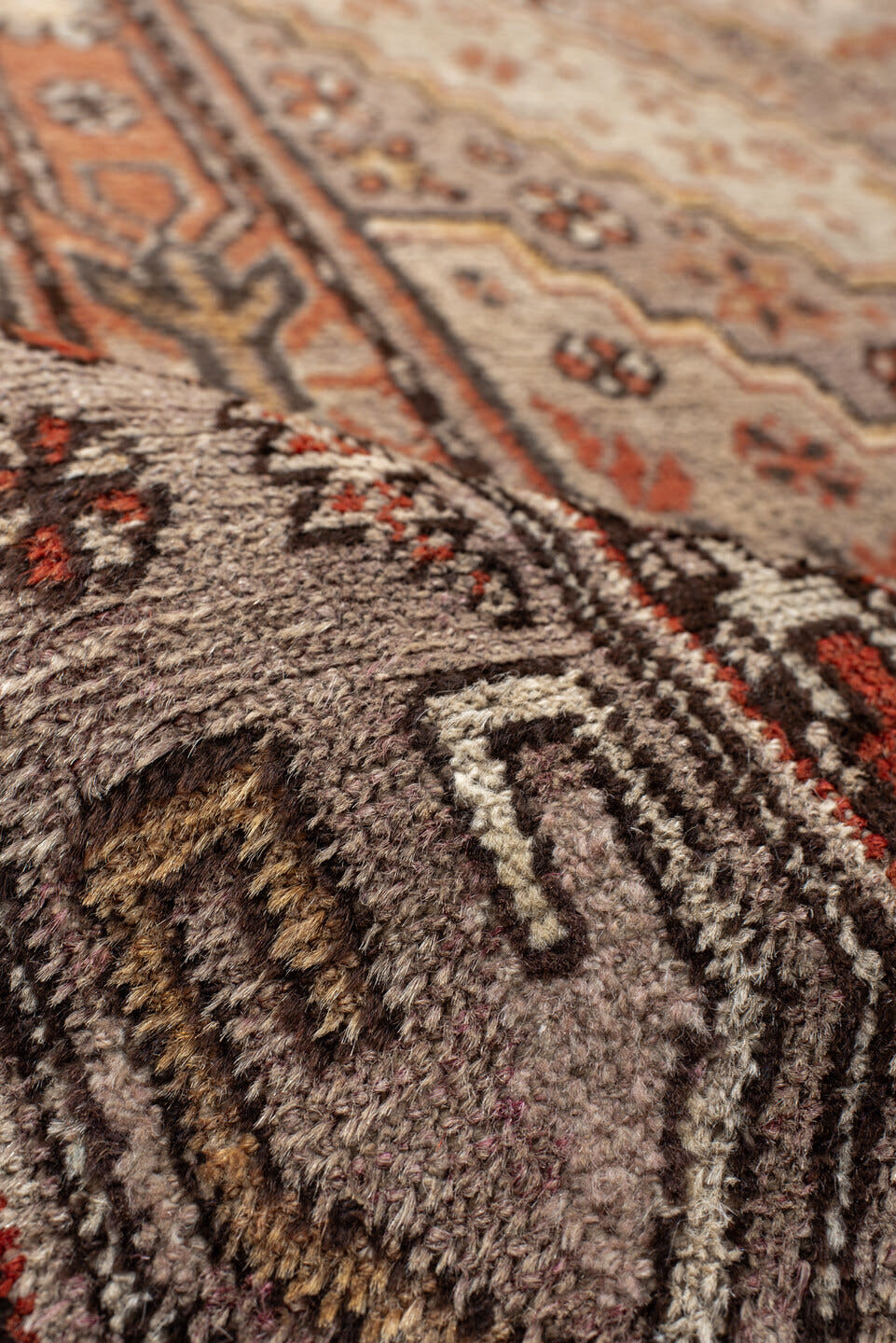 8' x 16' one-of-a-kind handmade vintage rug. Color palette: ivory, taupe, rust, coral, charcoal, camel, sienna, beige, gray
