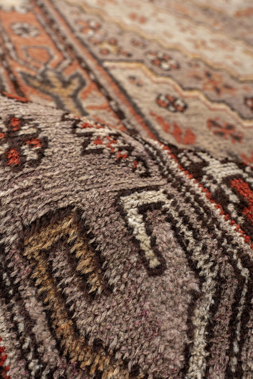 8' x 16' one-of-a-kind handmade vintage rug. Color palette: ivory, taupe, rust, coral, charcoal, camel, sienna, beige, gray