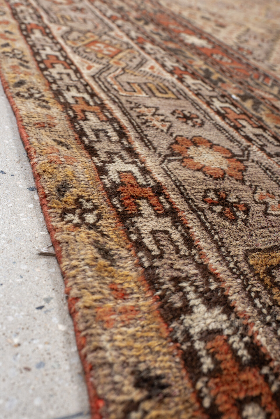 8' x 16' one-of-a-kind handmade vintage rug. Color palette: ivory, taupe, rust, coral, charcoal, camel, sienna, beige, gray