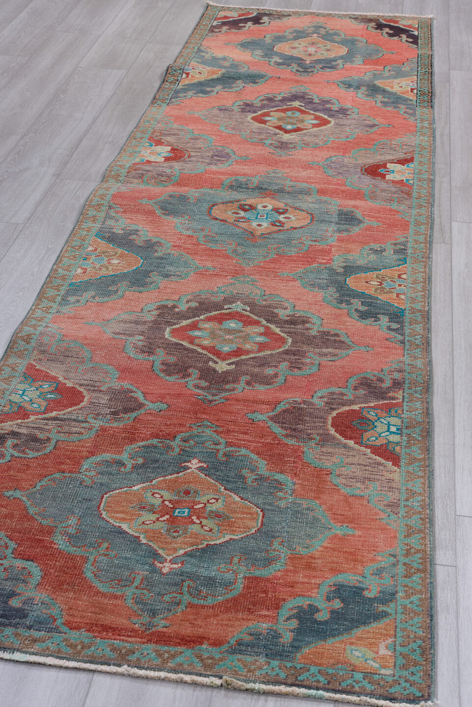 3' x 11' one-of-a-kind handmade vintage Oushak runner rug. Color palette: brown, dim gray, gray, light gray, off-white, pink