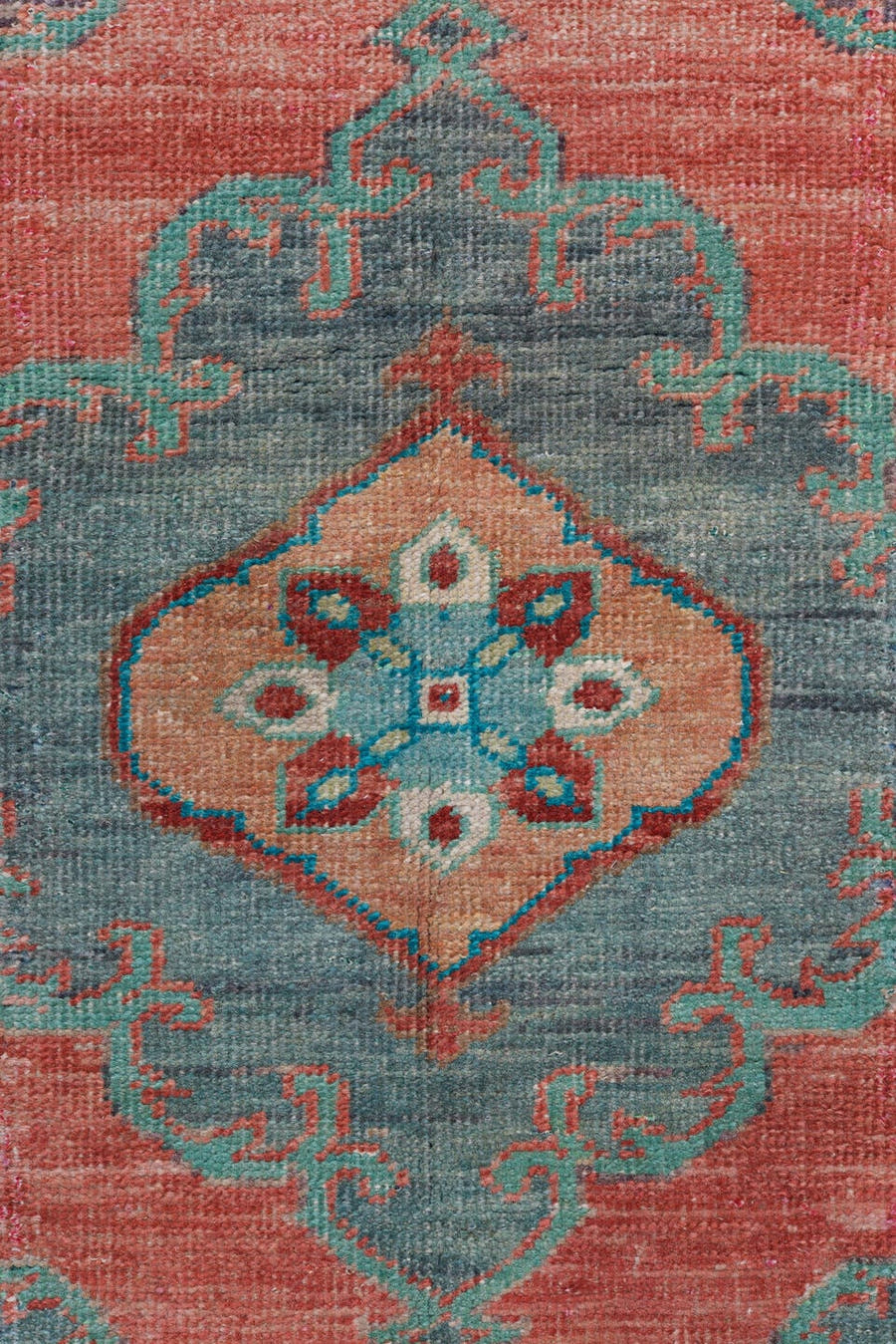 3' x 11' one-of-a-kind handmade antique Oushak runner rug. Color palette: coral, teal, slate, ivory, burgundy, taupe, rust