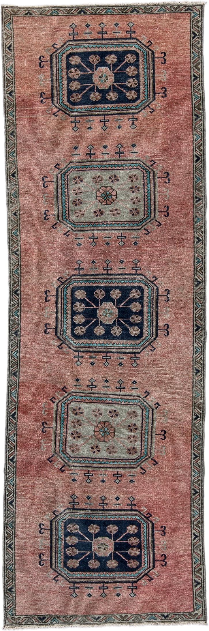 3' x 9' one-of-a-kind handmade antique Oushak runner rug. Color palette: rose, navy, ivory, aqua, taupe, charcoal, pink, red