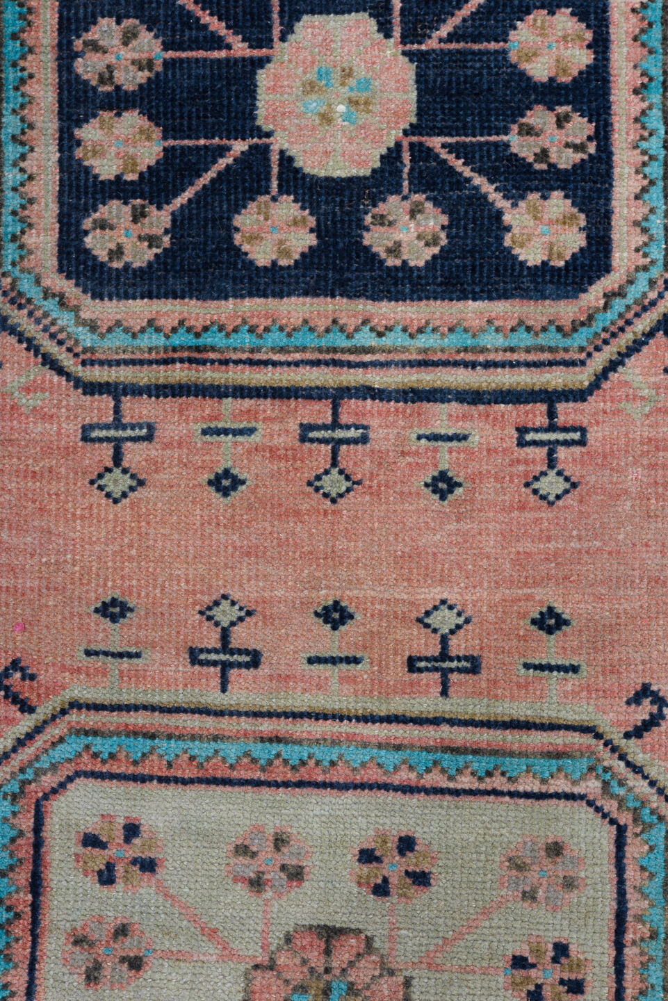 3' x 9' one-of-a-kind handmade antique Oushak runner rug. Color palette: rose, navy, ivory, aqua, taupe, charcoal, pink, red