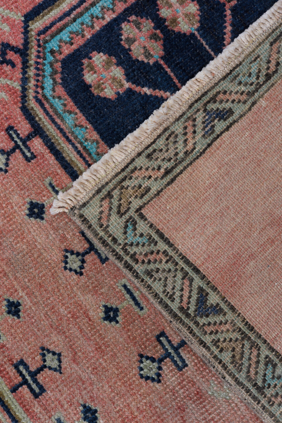 3' x 9' one-of-a-kind handmade antique Oushak runner rug. Color palette: rose, navy, ivory, aqua, taupe, charcoal, pink, red