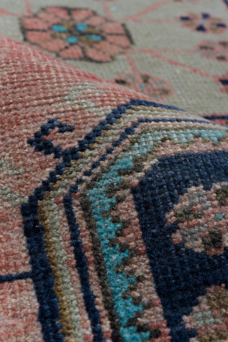 3' x 9' one-of-a-kind handmade antique Oushak runner rug. Color palette: rose, navy, ivory, aqua, taupe, charcoal, pink, red