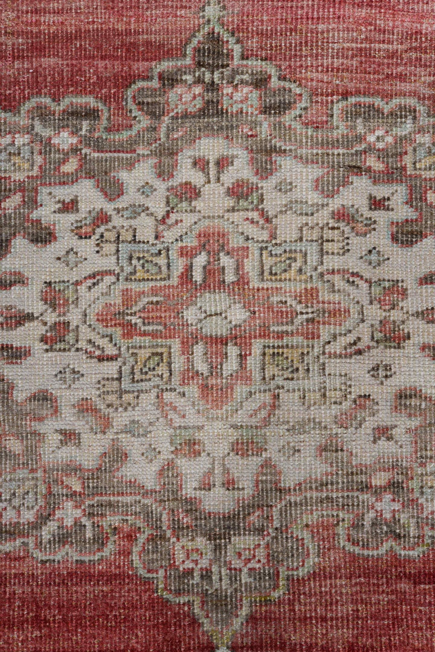 3' x 12' one-of-a-kind handmade antique Oushak runner rug. Color palette: coral, ivory, taupe, aqua, brown, rust, terracotta