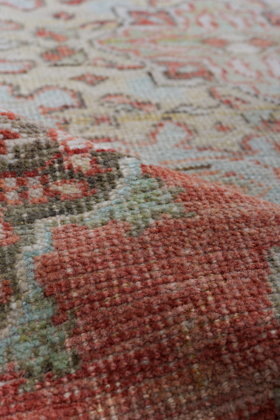3' x 12' one-of-a-kind handmade antique Oushak runner rug. Color palette: coral, ivory, taupe, aqua, brown, rust, terracotta