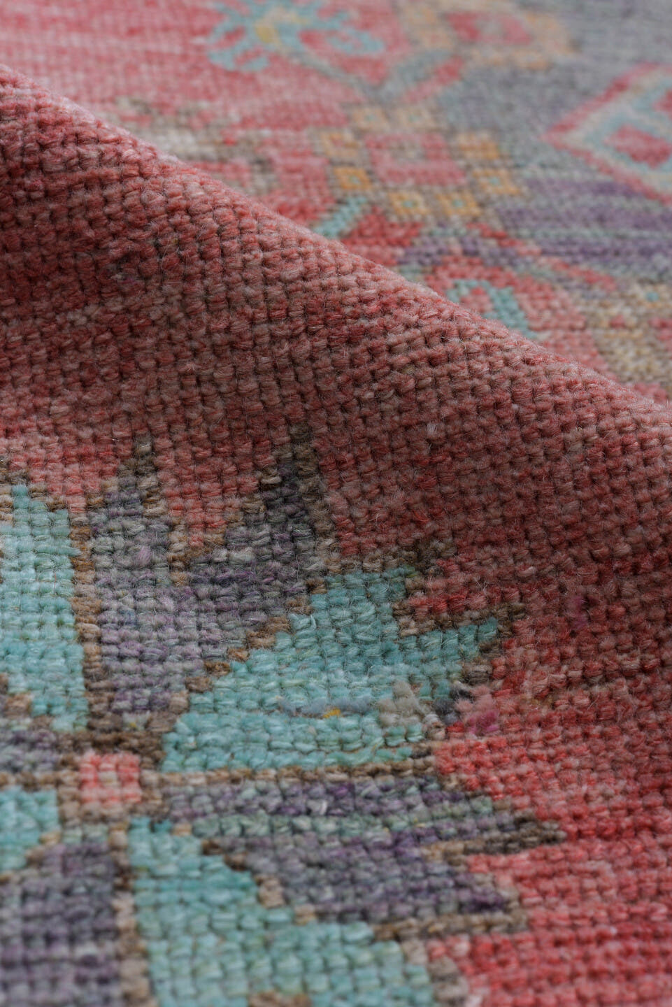 3' x 10' one-of-a-kind handmade antique Oushak runner rug. Color palette: coral, teal, slate, ivory, rose, gold, charcoal