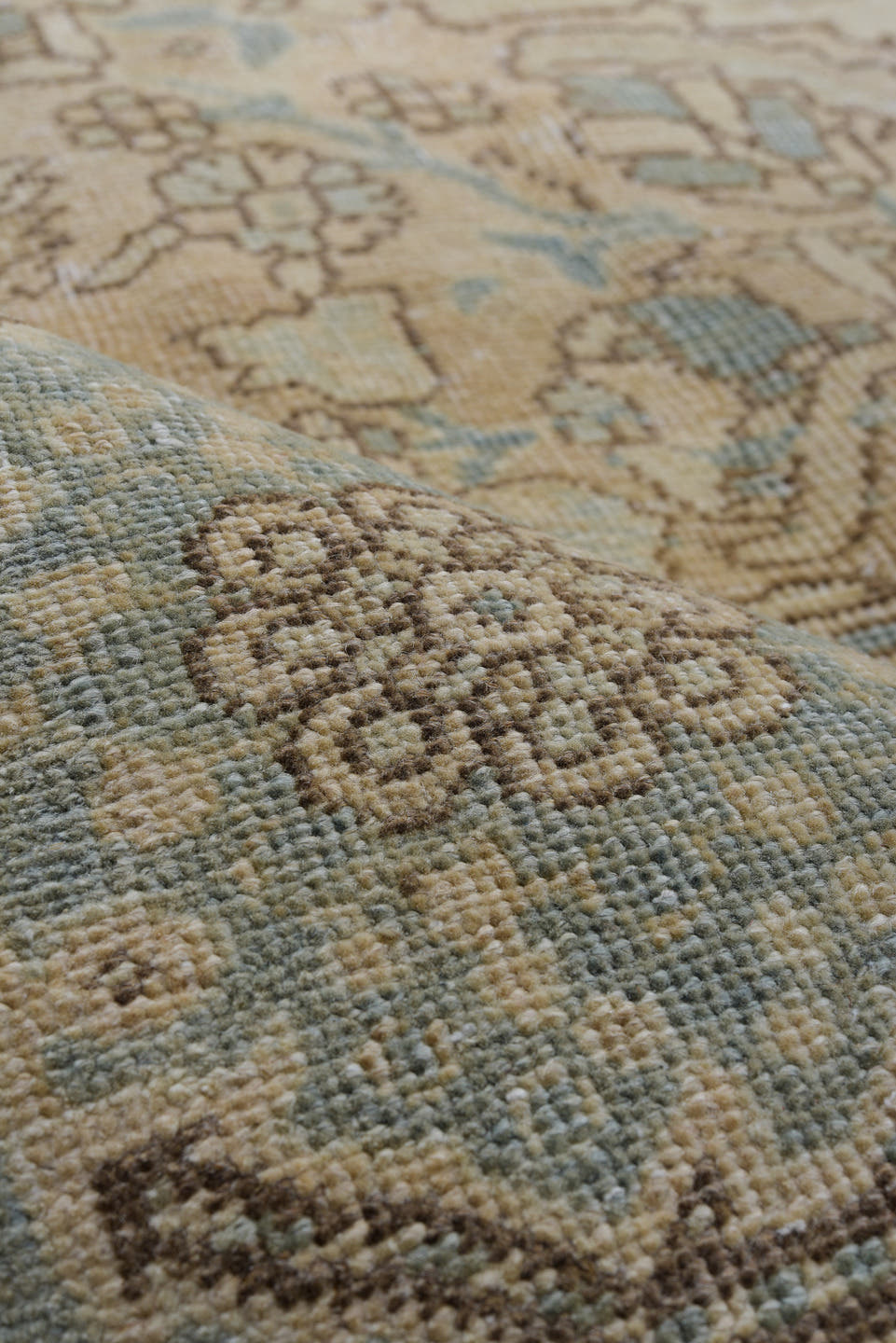 7' x 11' one-of-a-kind handmade antique Heriz large size rug. Color palette: ivory, pale blue, beige, taupe, slate, camel