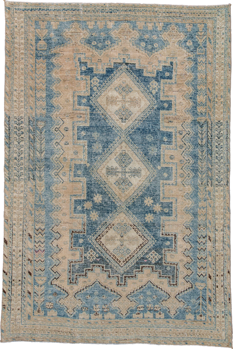 4' x 6' one-of-a-kind handmade vintage Afshar small size rug. Color palette: blue, brown, gray, light gray, off-white