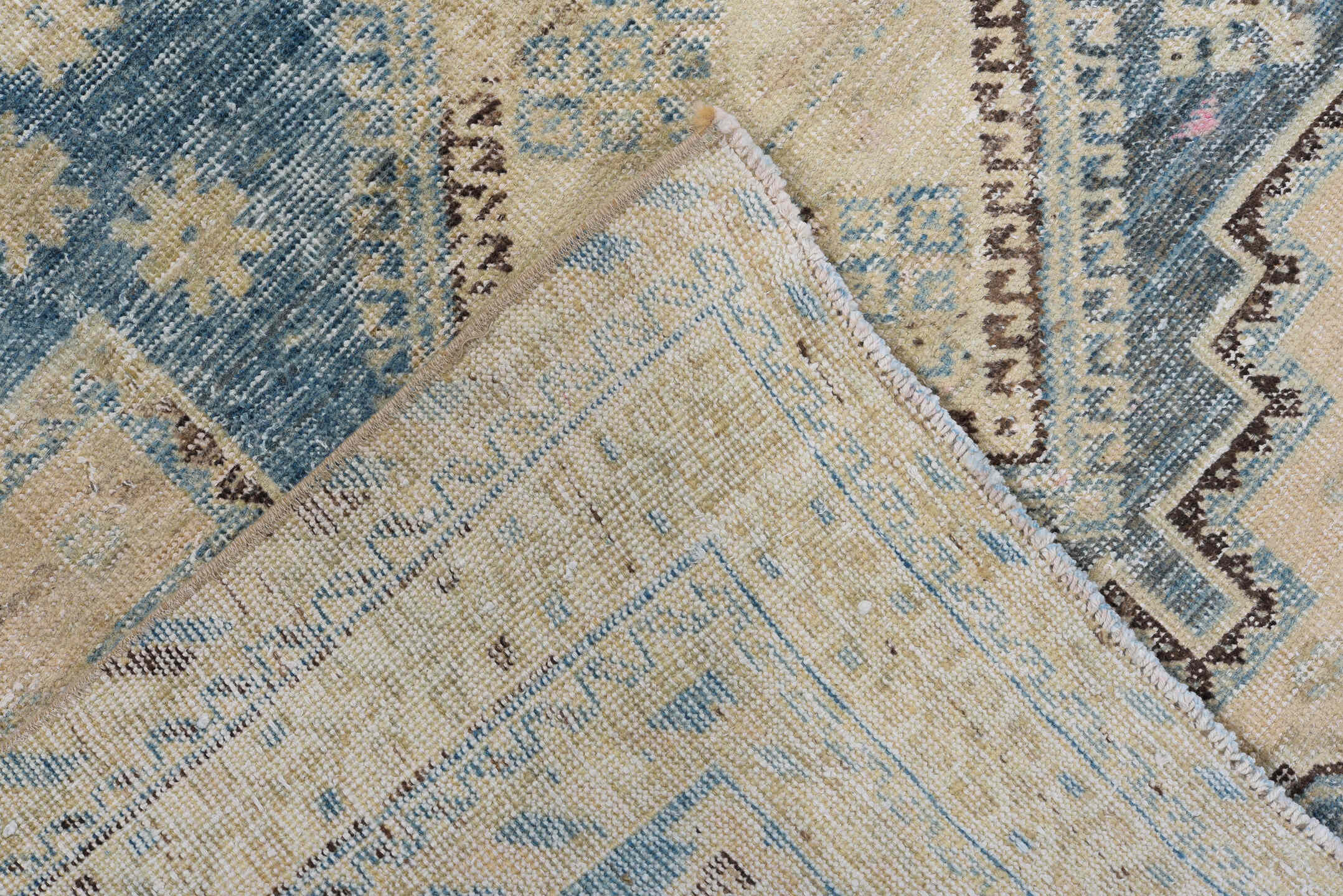 4' x 6' one-of-a-kind handmade vintage Afshar small size rug. Color palette: blue, brown, gray, light gray, off-white