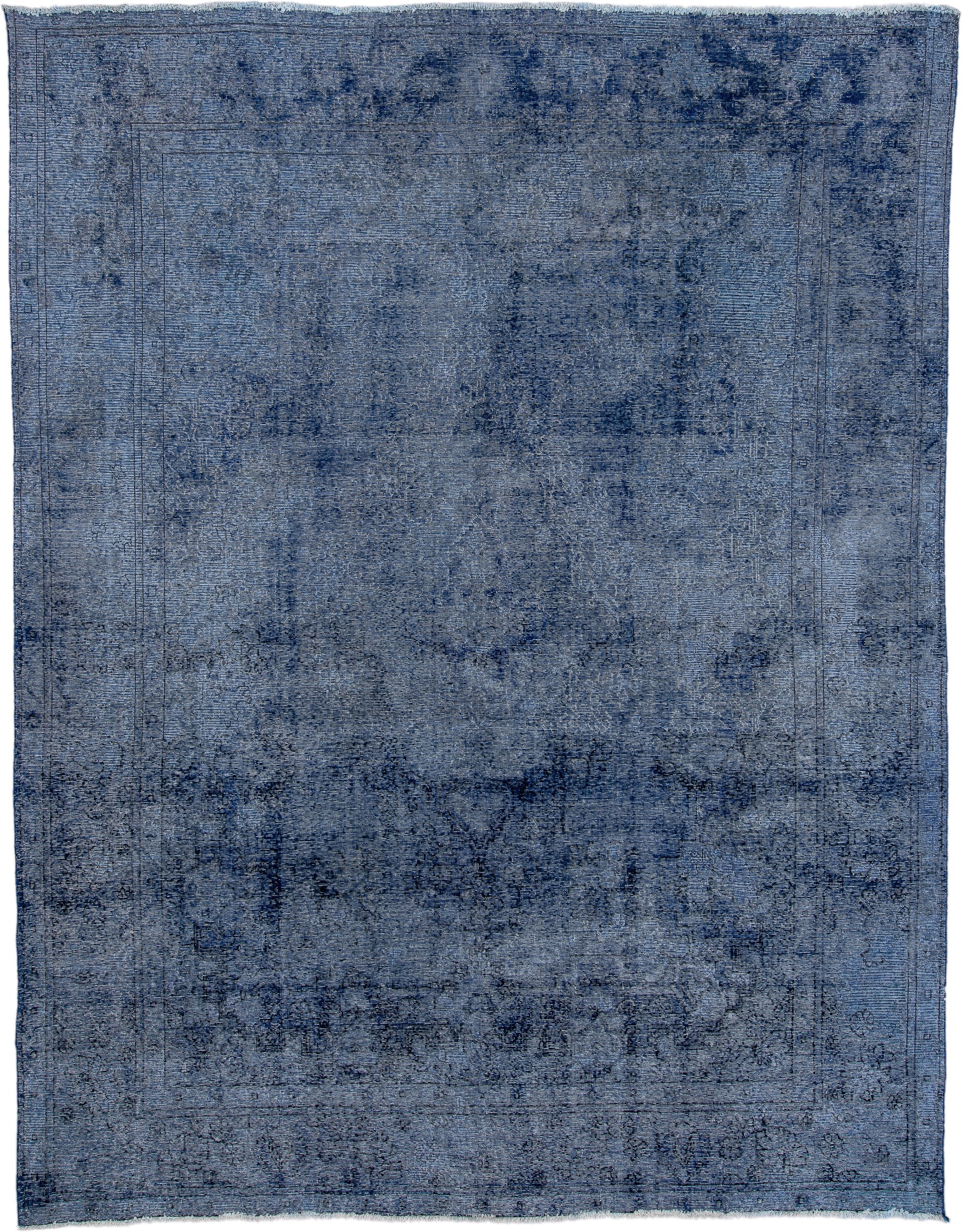 9' x 12' one-of-a-kind handmade vintage Overdyed large size rug. Color palette: blue, navy, slate, indigo, charcoal, gray