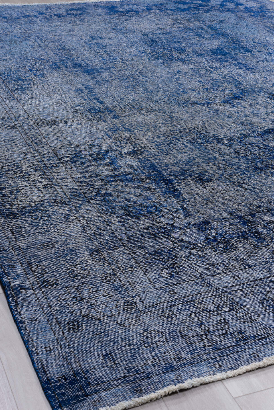 9' x 12' one-of-a-kind handmade vintage Overdyed large size rug. Color palette: black, blue, fiord, gray, light blue