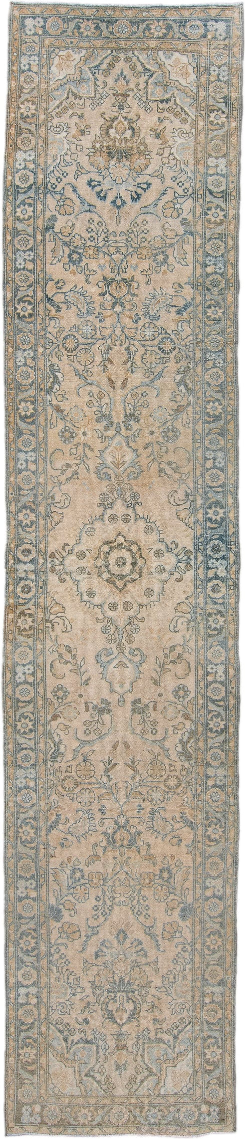 2' x 13' one-of-a-kind handmade antique Malayer runner rug. Color palette: ivory, light blue, taupe, beige, camel, sage