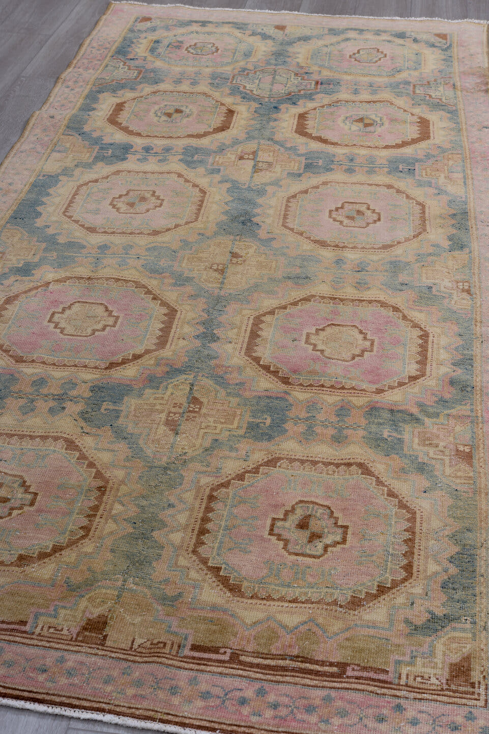 4' x 9' one-of-a-kind handmade antique Sarab runner rug. Color palette: dusty blue, blush, ivory, camel, taupe, rose, brown