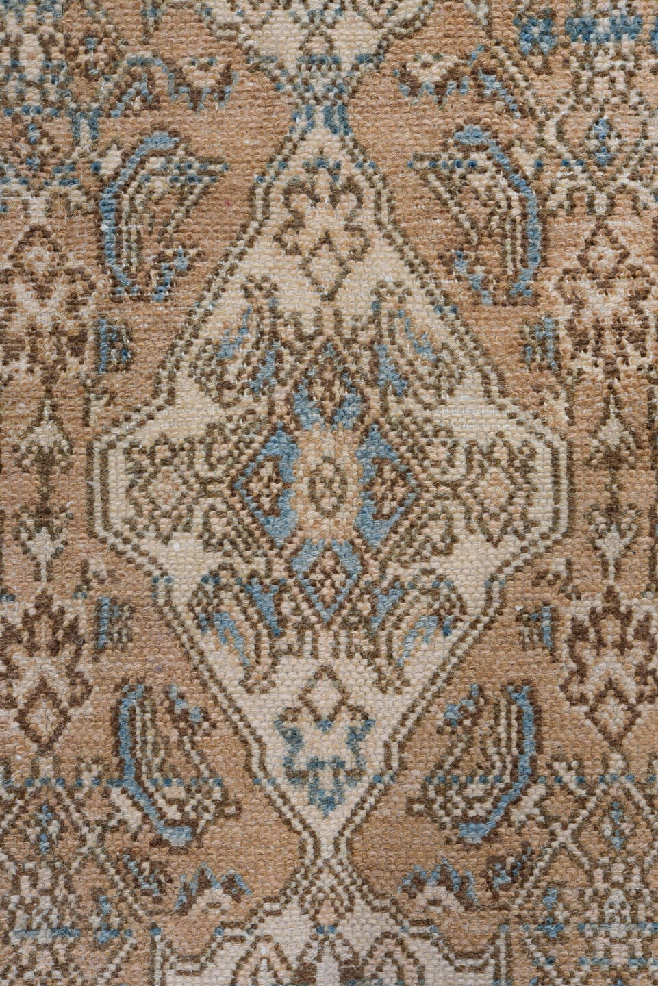 4' x 6' one-of-a-kind handmade antique Bibikabad small size rug. Color palette: camel, ivory, sky blue, taupe, brown, beige