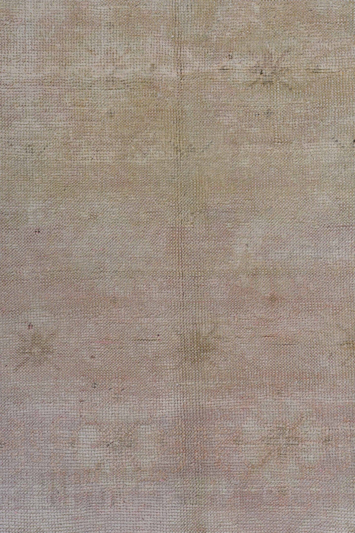 3' x 6' one-of-a-kind handmade antique Oushak runner rug. Color palette: ivory, blush, taupe, beige, sand, pale gray, pink
