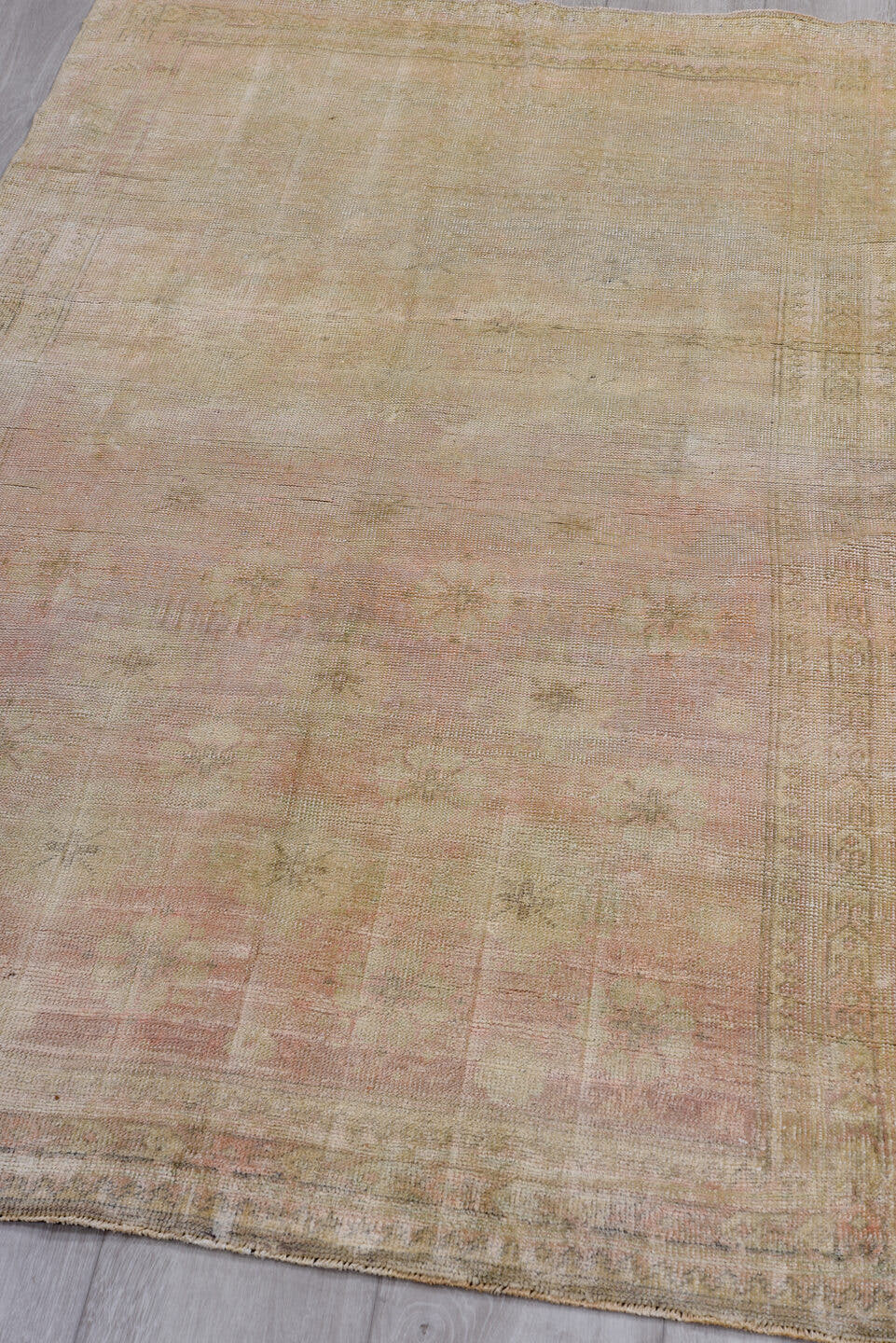 3' x 6' one-of-a-kind handmade antique Oushak runner rug. Color palette: ivory, blush, taupe, beige, sand, pale gray, pink