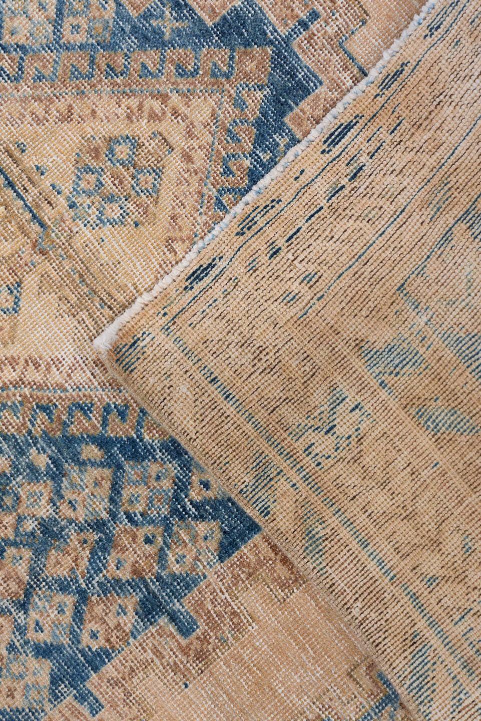4' x 5' one-of-a-kind handmade antique Afshar small size rug. Color palette: camel, sky blue, ivory, taupe, beige