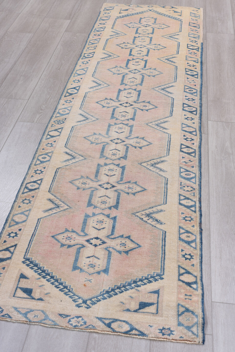 2' x 10' one-of-a-kind handmade vintage Oushak runner rug. Color palette: blue, gray, light blue, light gray, off-white