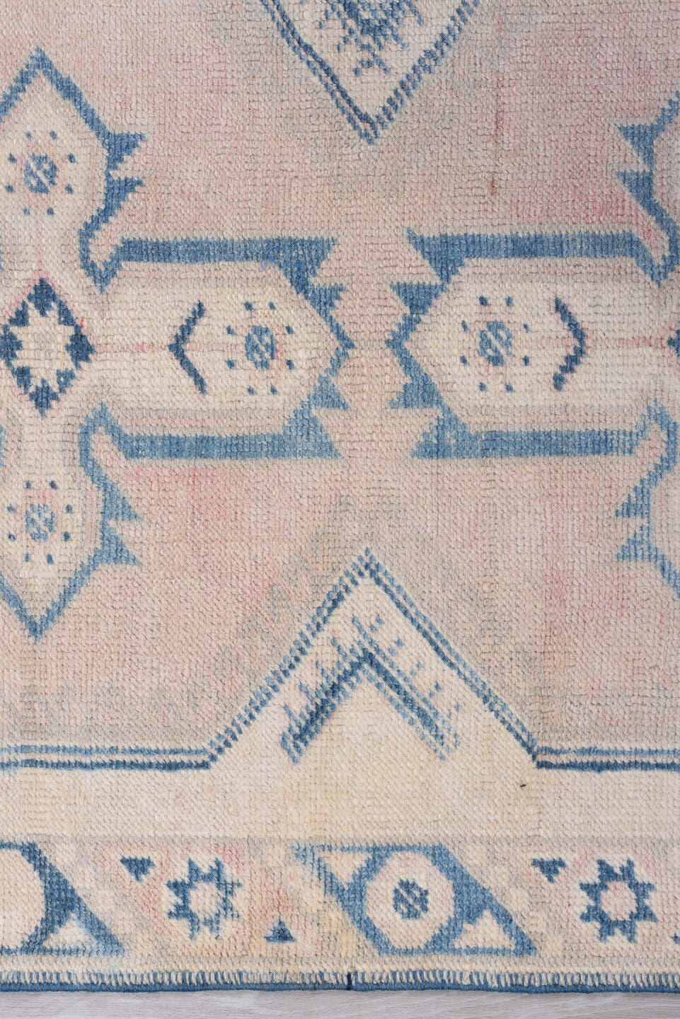 2' x 10' one-of-a-kind handmade antique Oushak runner rug. Color palette: ivory, sky_blue, blush, beige, light blue, pink