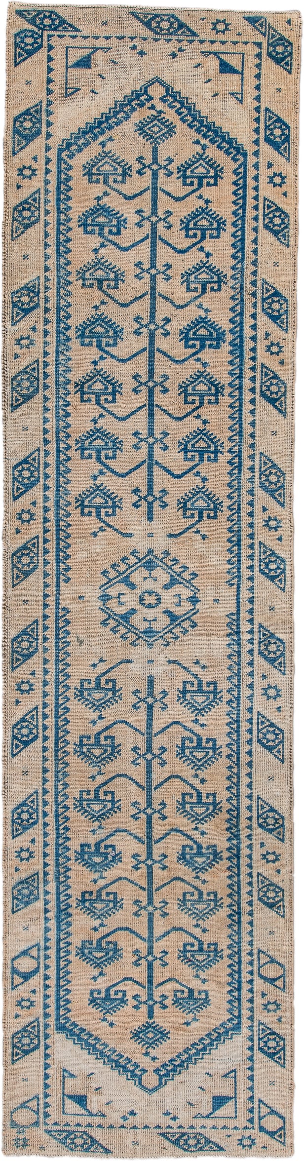 2' x 9' one-of-a-kind handmade antique Oushak runner rug. Color palette: ivory, cobalt, sky_blue, beige, blue, light blue