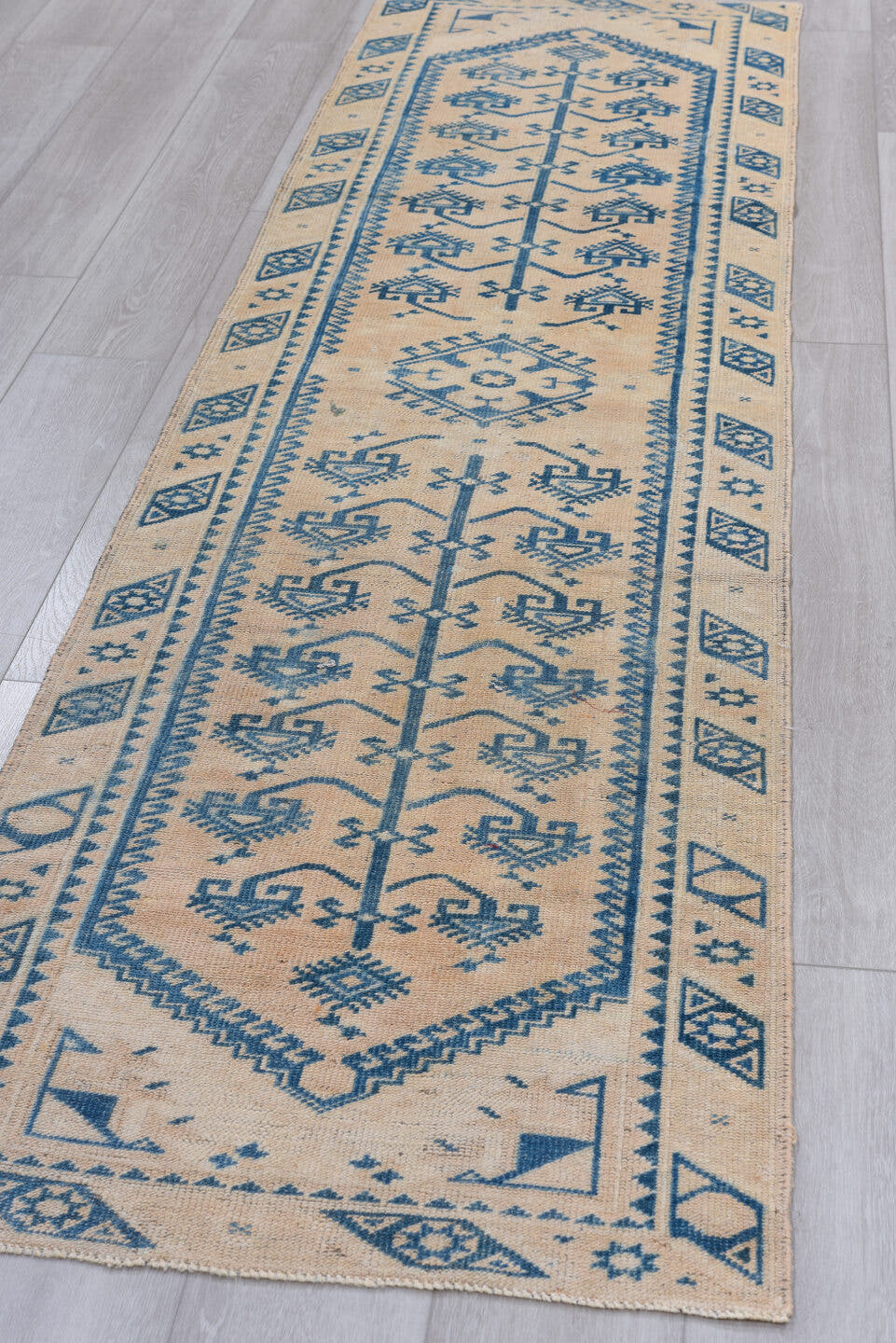 2' x 9' one-of-a-kind handmade antique Oushak runner rug. Color palette: ivory, cobalt, sky_blue, beige, blue, light blue