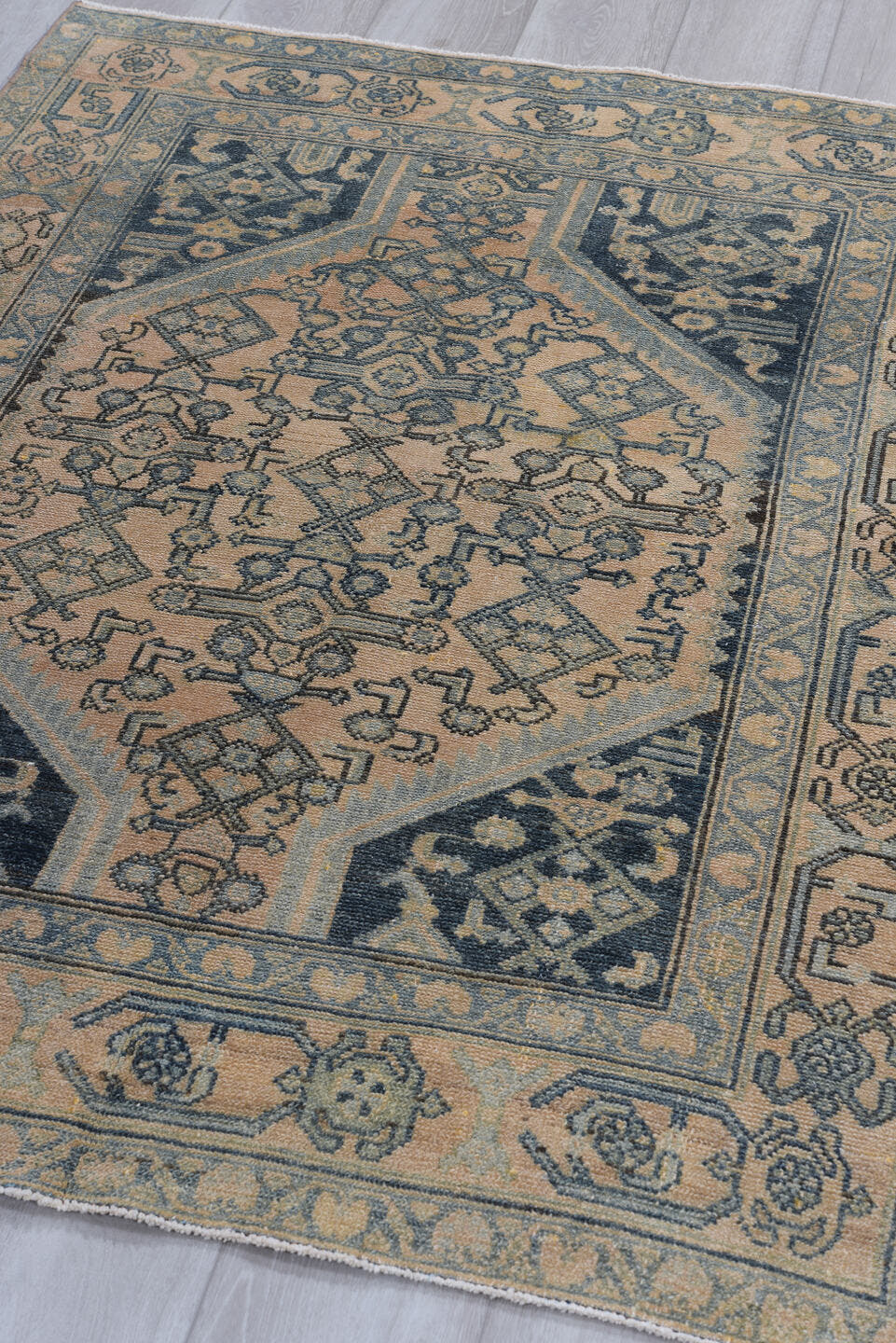 4' x 5' one-of-a-kind handmade antique Malayer small size rug. Color palette: beige, slate, ivory, taupe, charcoal, camel