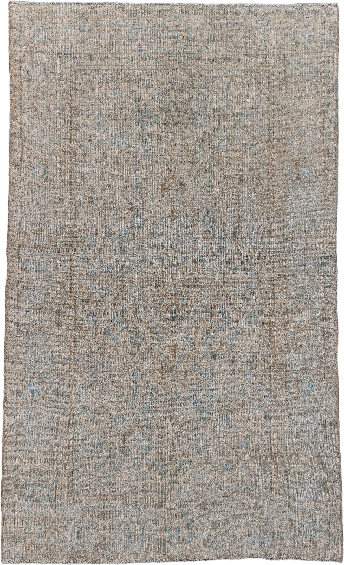 3' x 6' one-of-a-kind handmade antique Sivas small size rug. Color palette: beige, ivory, pale blue, taupe, sand, light blue
