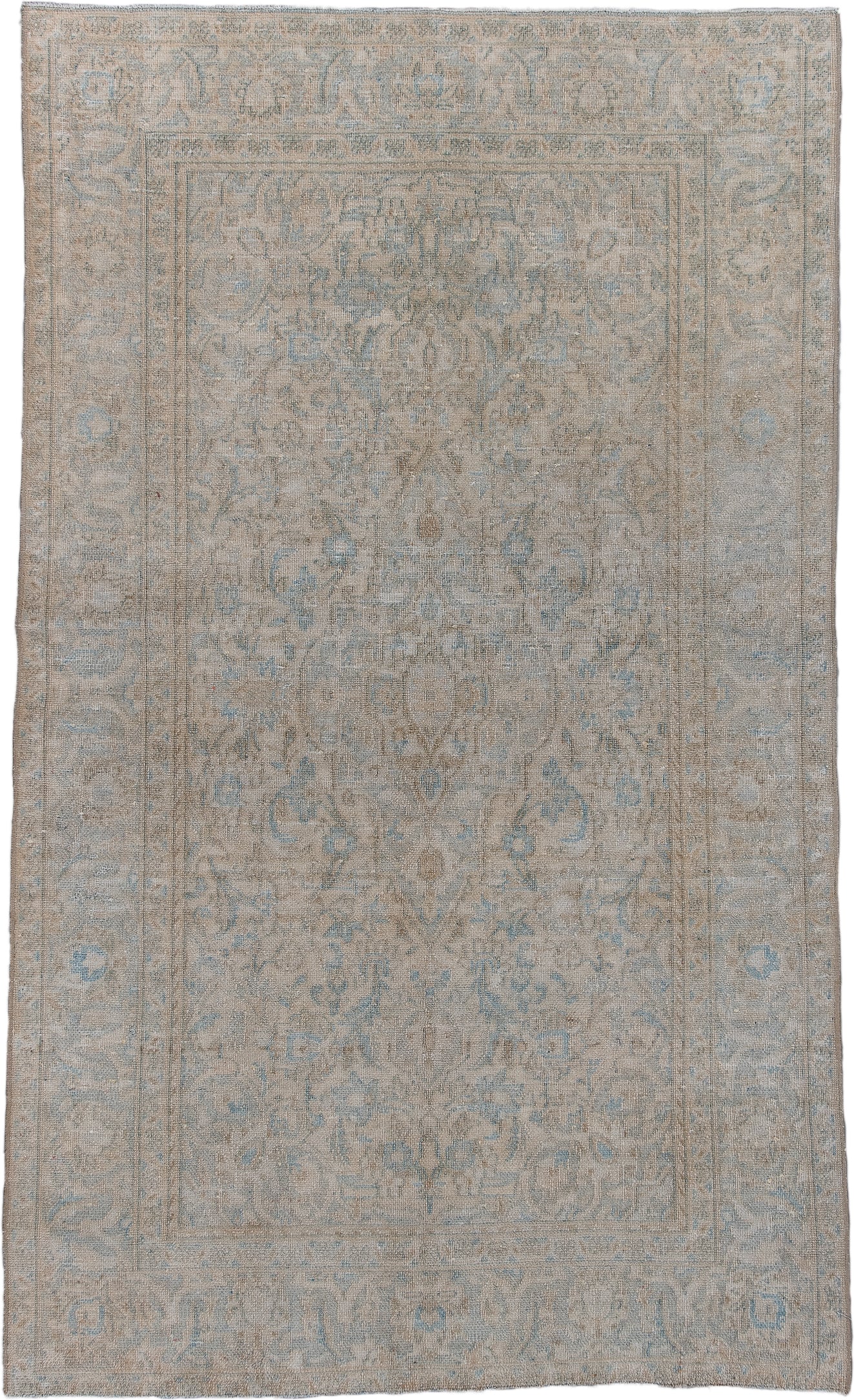3' x 6' one-of-a-kind handmade antique Sivas small size rug. Color palette: beige, ivory, pale blue, taupe, sand, light blue