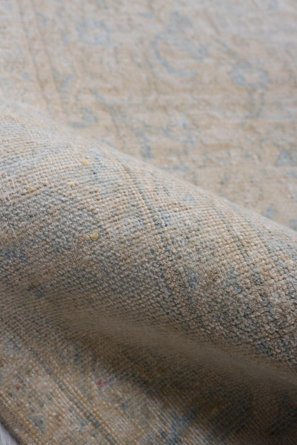 3' x 6' one-of-a-kind handmade antique Sivas small size rug. Color palette: beige, ivory, pale blue, taupe, sand, light blue