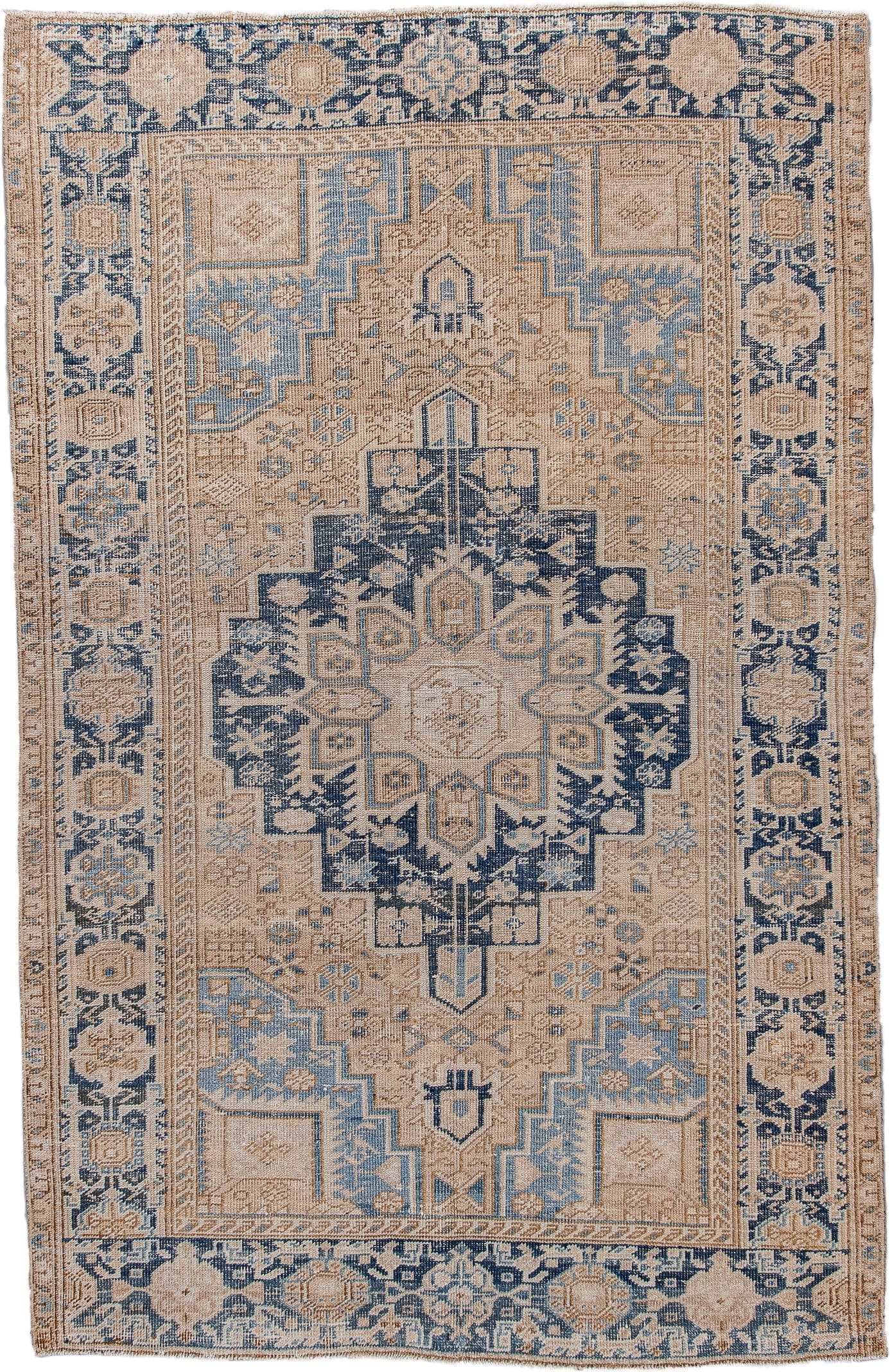 4' x 6' one-of-a-kind handmade antique Sarouk small size rug. Color palette: ivory, blue, navy, beige, camel
