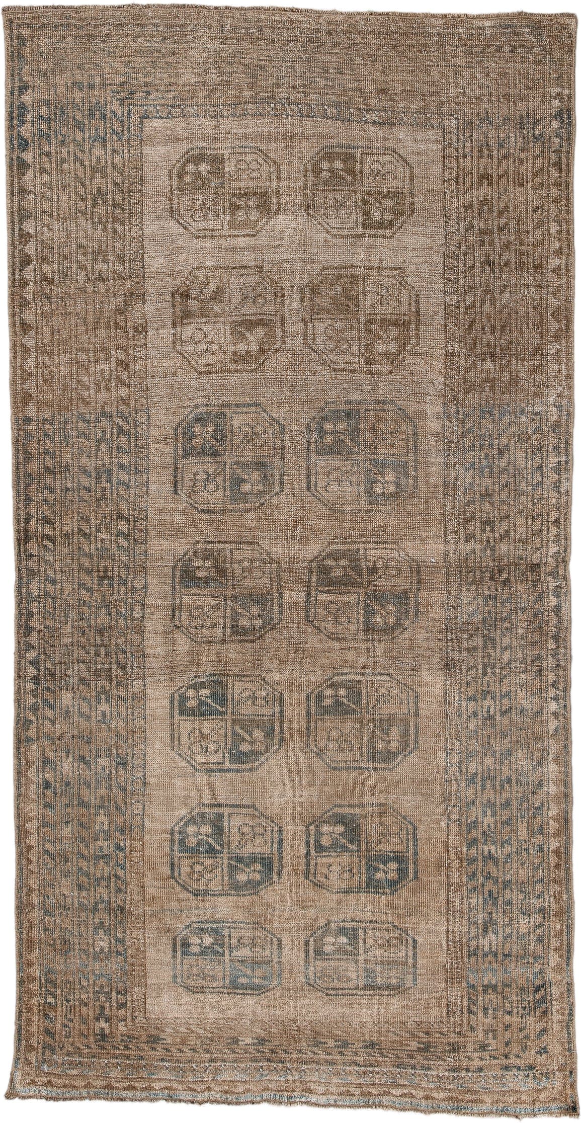 3' x 7' one-of-a-kind handmade antique Afghan rug. Color palette: camel, taupe, brown, slate, ivory, beige, gray