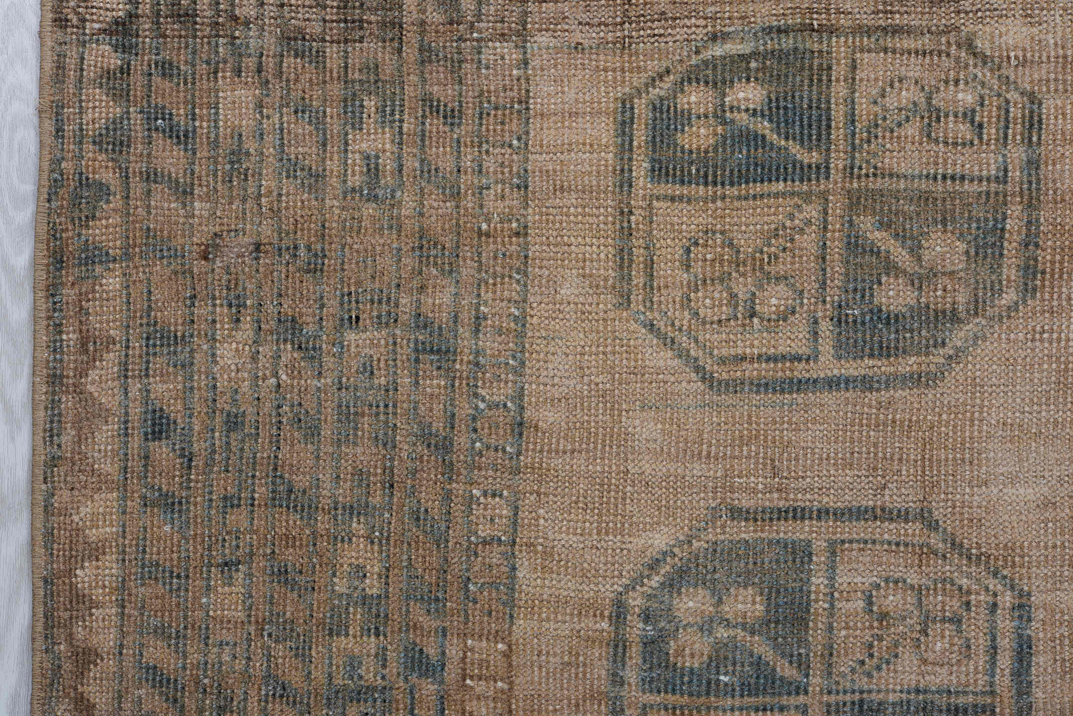 3' x 7' one-of-a-kind handmade antique Afghan rug. Color palette: camel, taupe, brown, slate, ivory, beige, gray