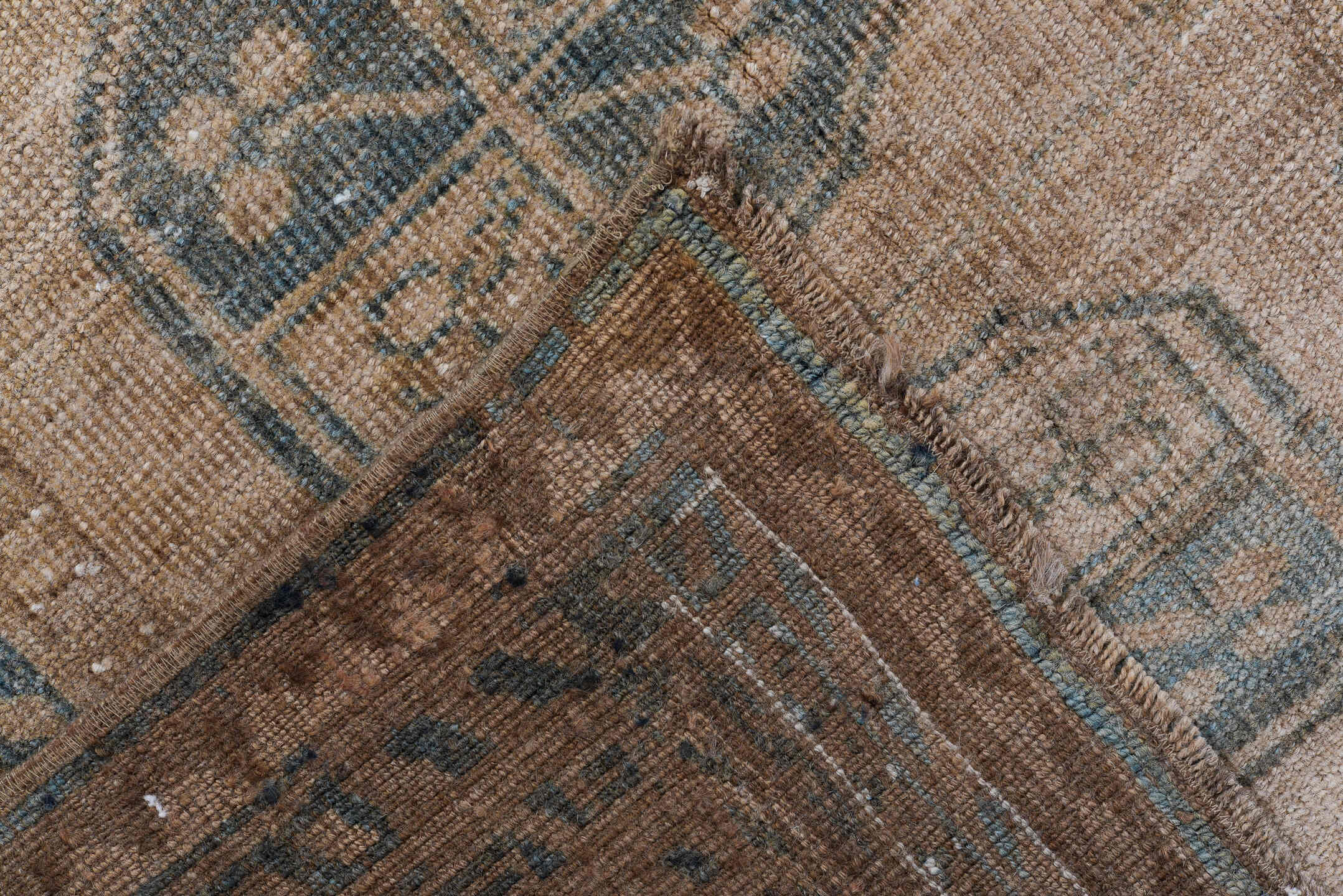 3' x 7' one-of-a-kind handmade antique Afghan rug. Color palette: camel, taupe, brown, slate, ivory, beige, gray
