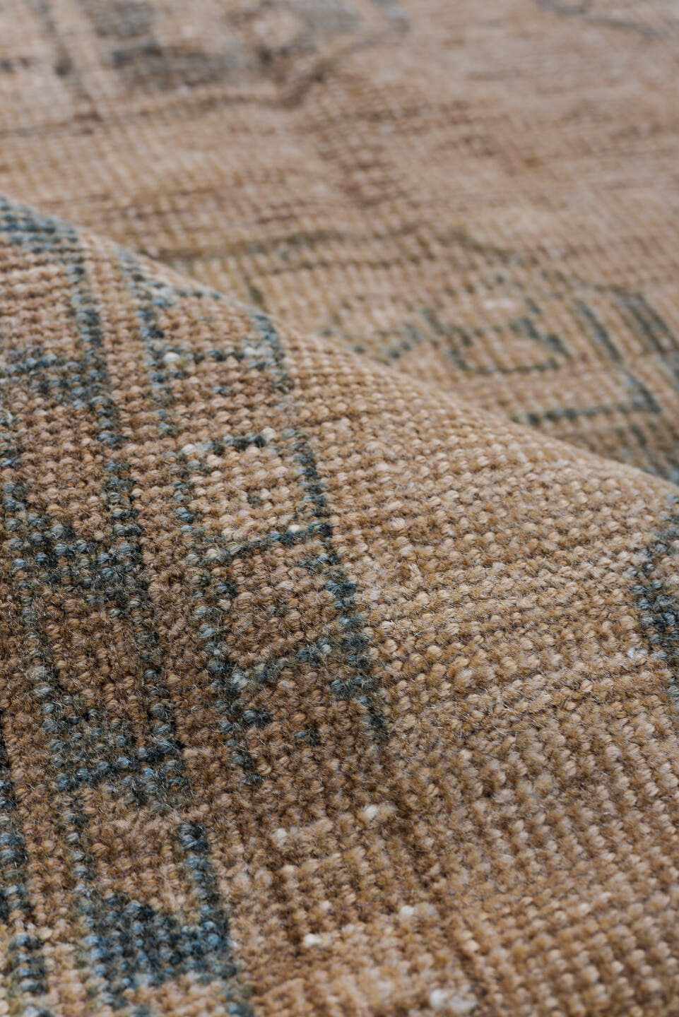 3' x 7' one-of-a-kind handmade antique Afghan rug. Color palette: camel, taupe, brown, slate, ivory, beige, gray