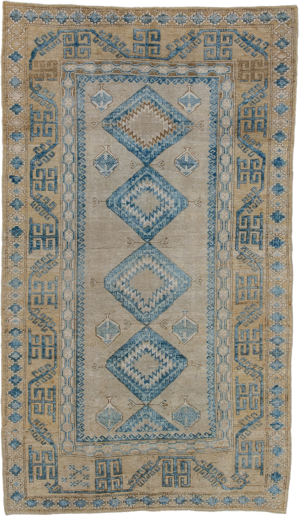 3' x 6' one-of-a-kind handmade antique Belouch small size rug. Color palette: ivory, sky blue, beige, camel, taupe
