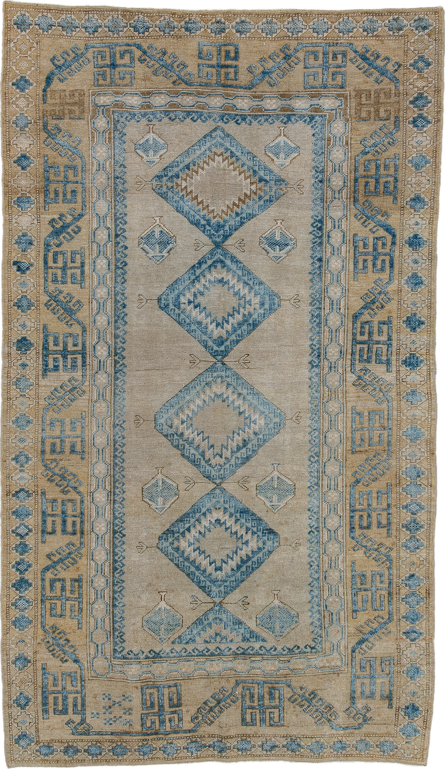 3' x 6' one-of-a-kind handmade vintage Belouch small size rug. Color palette: black, blue, brown, gray, light blue