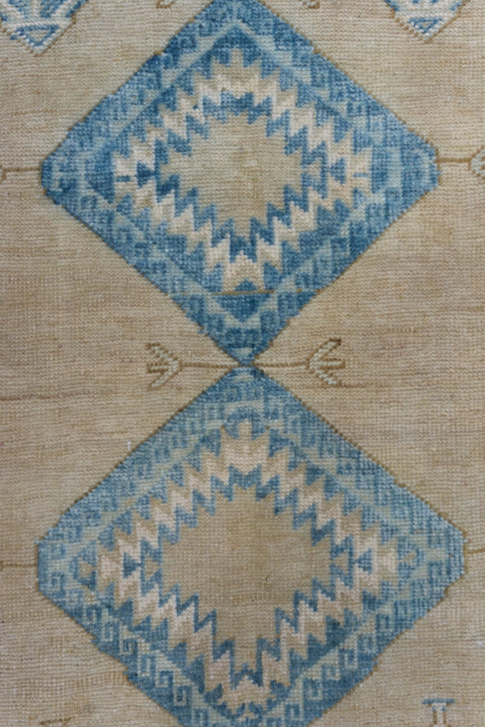 3' x 6' one-of-a-kind handmade antique Belouch small size rug. Color palette: ivory, sky blue, beige, camel, taupe