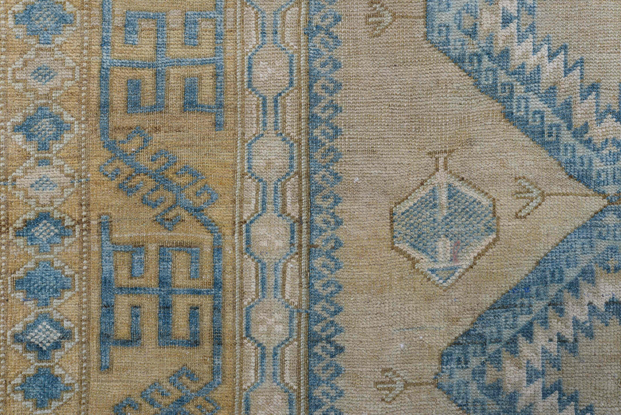 3' x 6' one-of-a-kind handmade antique Belouch small size rug. Color palette: ivory, sky blue, beige, camel, taupe